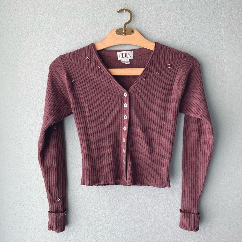 🌱5/$25🌱 One 212 | Vintage 90s Maroonish Wool Repaired Cardigan Sweater